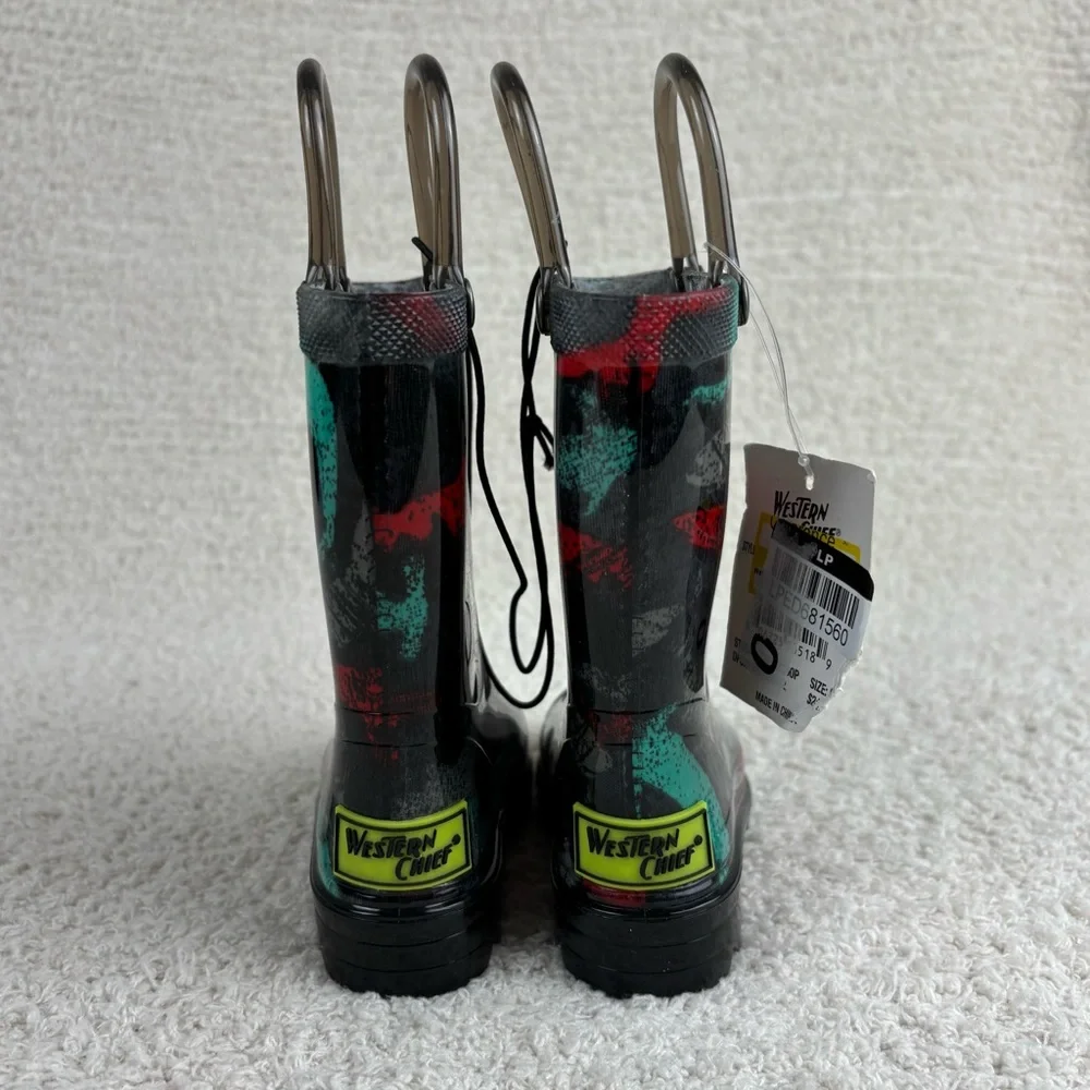 Western Chief Boots Toddler Boys 5 Black Multi Deep Water Light‎ Up Rain Boots